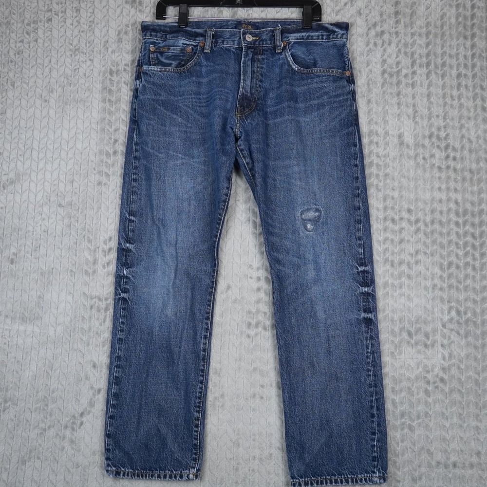 Polo Ralph Lauren Jeans Mens Blue Distressed Straight Leg Denim Cotton